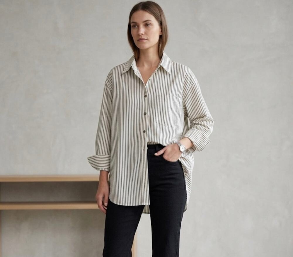 New Caara brown off white stripe shirt oversized button blouse size XS